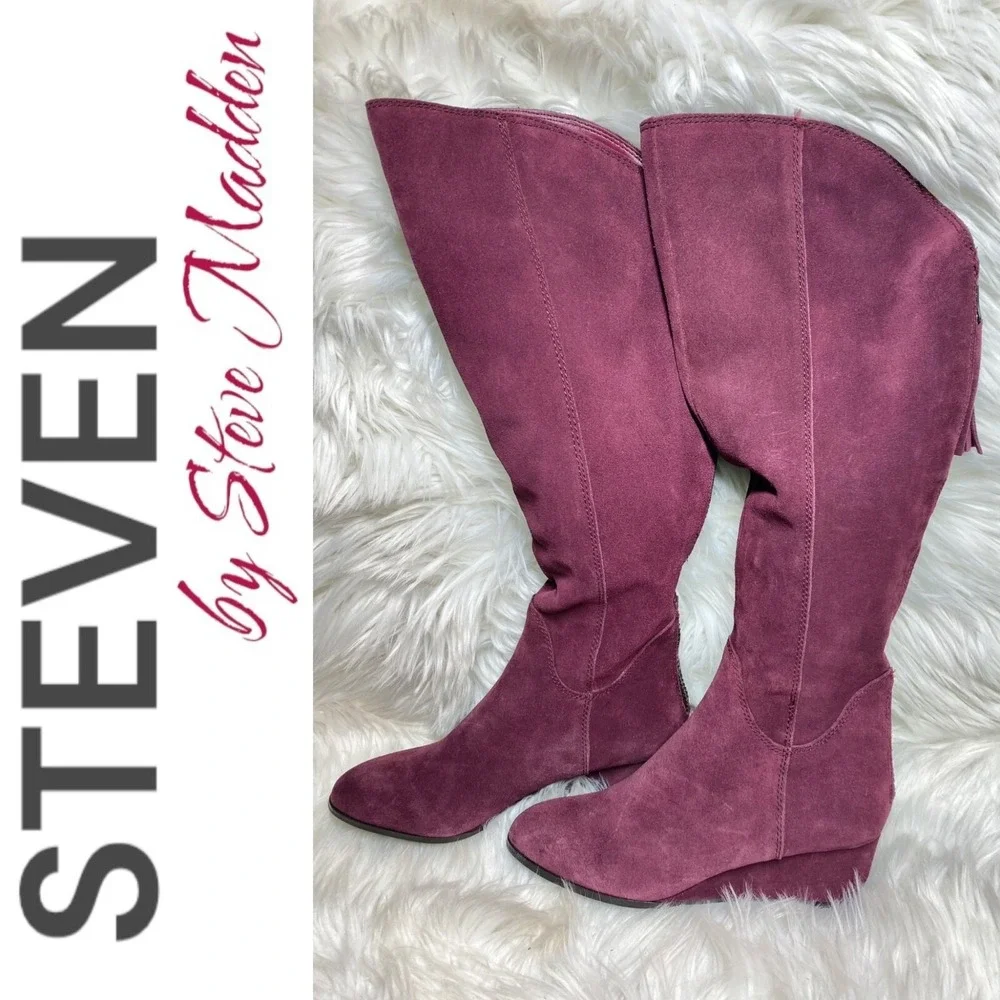 Steven‎ by Steve Madden Larken Burgundy Wine Suede Tall Wedge Boots Boho 7
